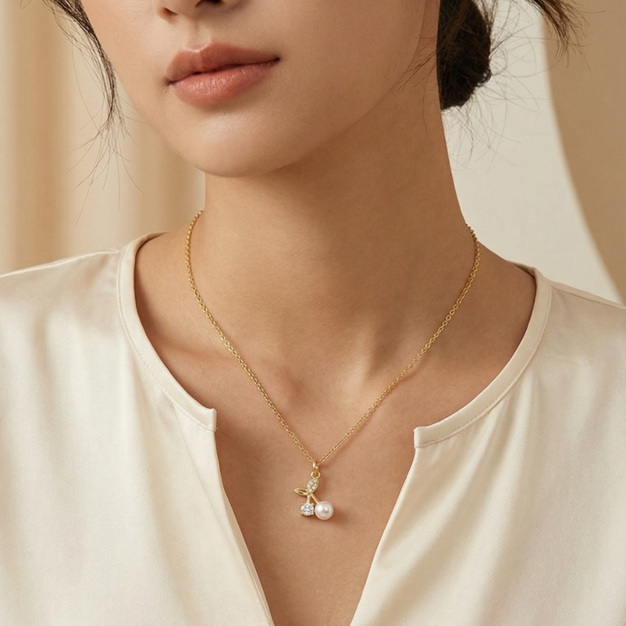 Cherry Pendant Necklace For Women – Elegant Double Cherry Design With Sparkling Cz | Premium Fashion Jewellery Fo : 9932460258