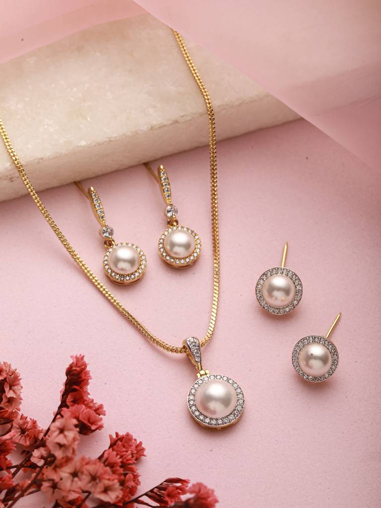 Gold-Plated White Pearl & Ad Studded Chain Pendent With Two Earring Set : NL-JS24-40379