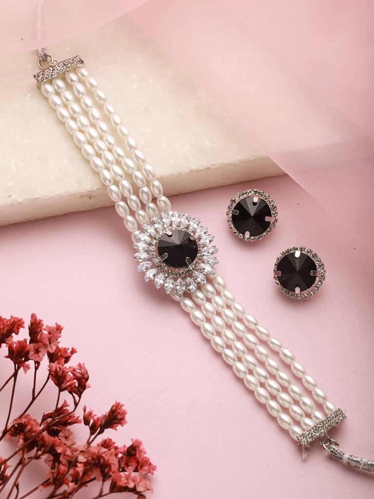 Gold-Plated Stone Studded Faux Pearl Beaded Choker Necklace Jewellery Set  Adjustable Brass White