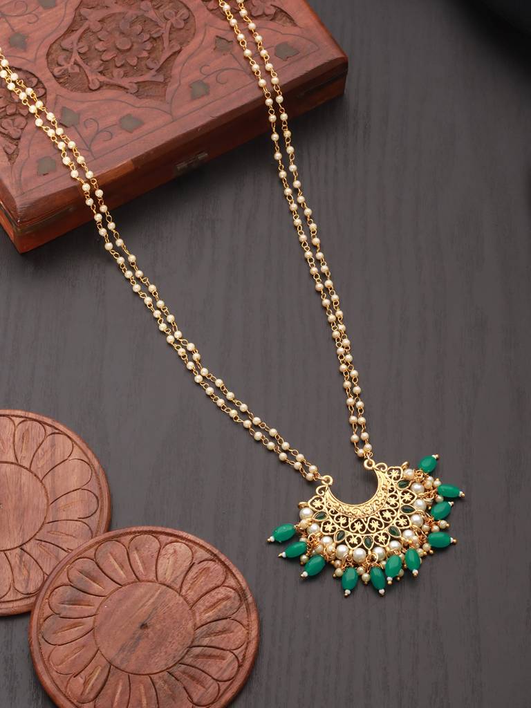 Gold- Plated Green Long Faux Pearl Kundan Studded Necklace