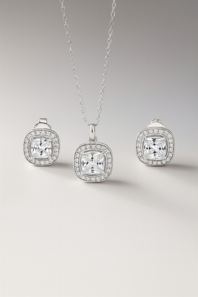 Cushion Diamond Silver Pendant Set : PS010