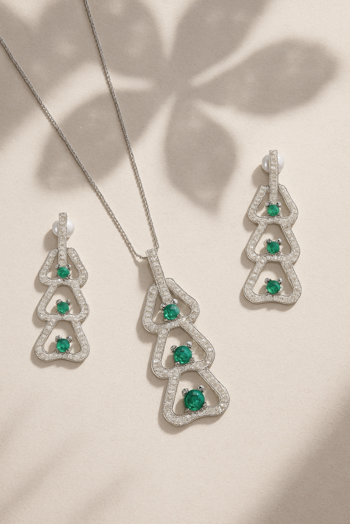 Mystic Emerald And Diamond Silver Pendant Set : PS016