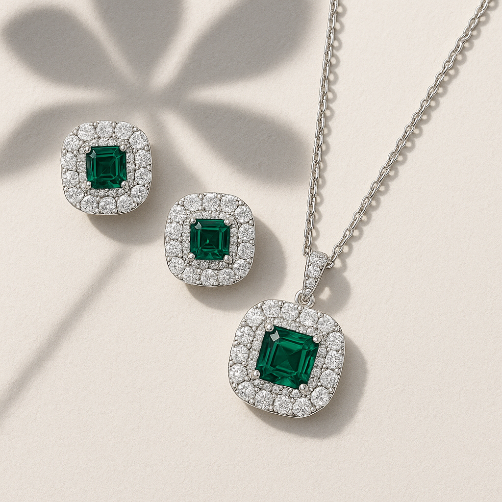 Forever Emerald And Diamond Silver Pendant Set : PS024