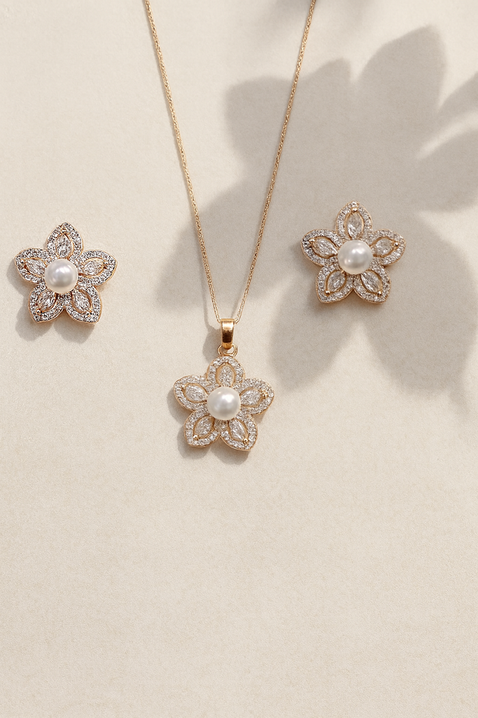 Star Pearl And Diamond Rose Gold Silver Pendant Set : PS007