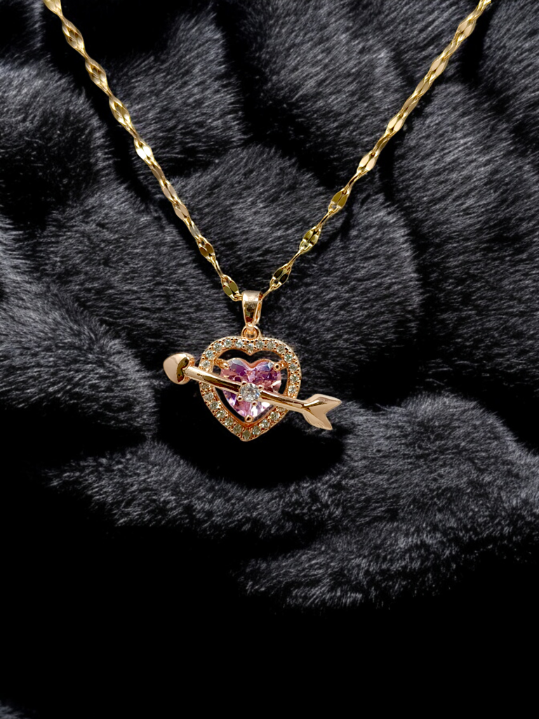 Cupid’S Arrow Heart Necklace – Gold Plated Pink Crystal Pendant For Women & Girls | Trendy Heart Chain Wi : astria-neck-pin-01