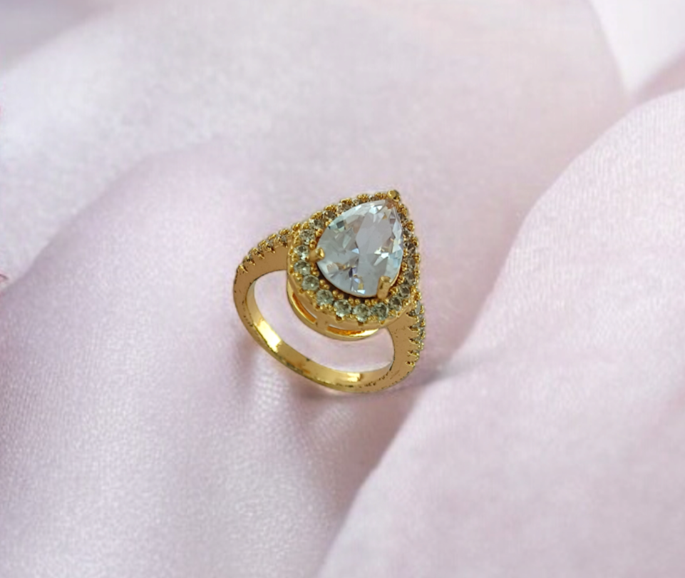 Gold Plated Pear Cut Cz Ring For Women – Halo Solitaire Engagement & Promise Ring |18K Gold Plated Stainless St : G9-XCYV-E8X1