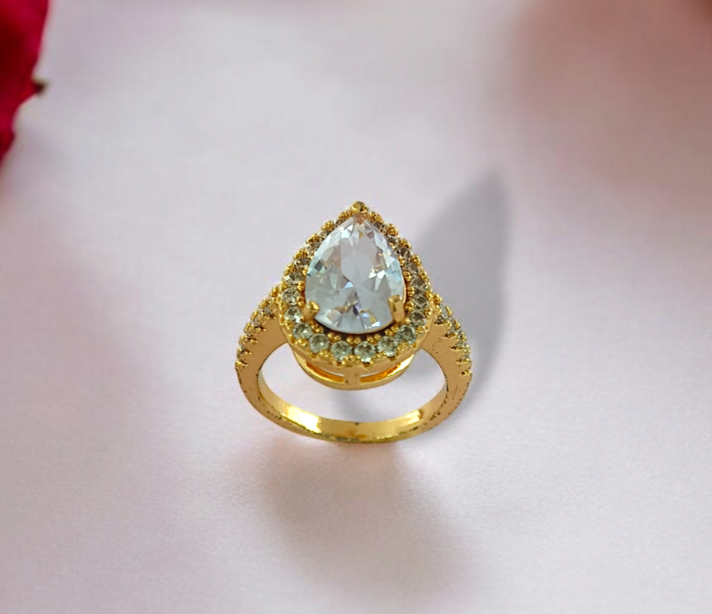 Gold Plated Pear Cut Cz Ring For Women – Halo Solitaire Engagement & Promise Ring |18K Gold Plated Stainless St : G9-XCYV-E8X1