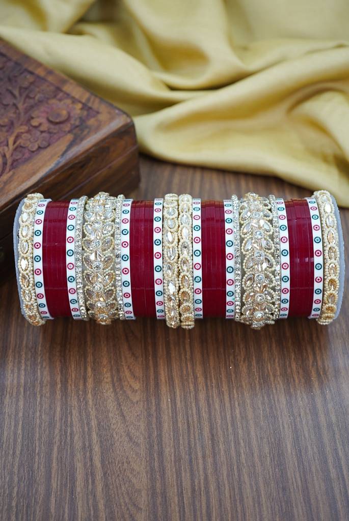 Red & White Dotted Punjabi Chuda Set : HJ-24