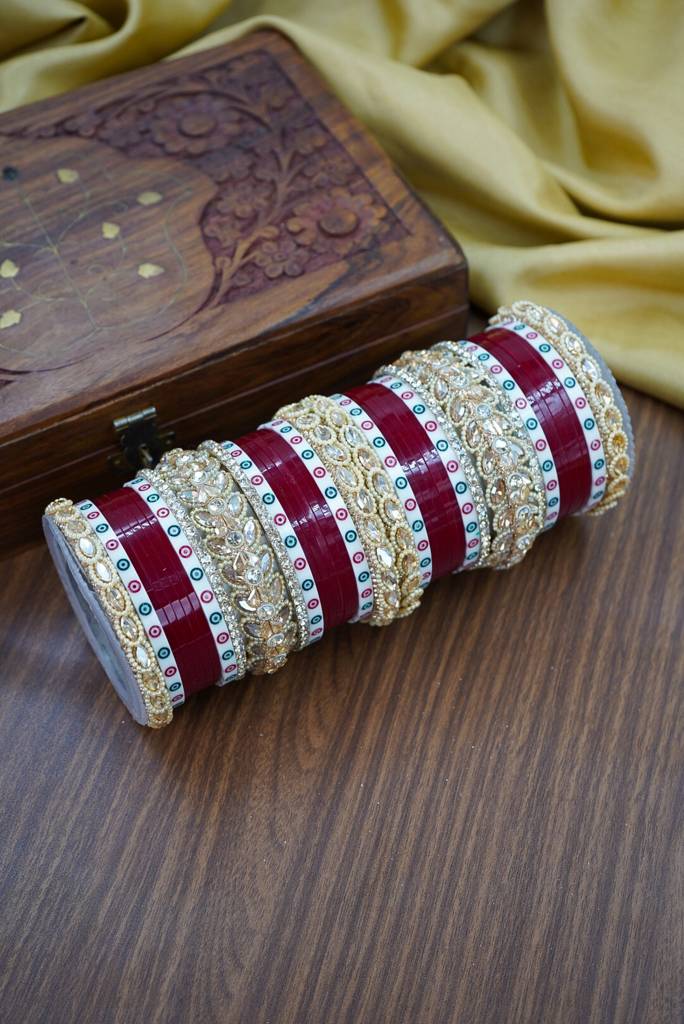 Red & White Dotted Punjabi Chuda Set : HJ-24