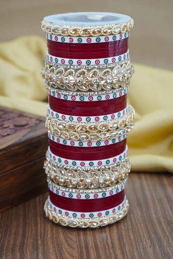 Red & White Dotted Punjabi Chuda Set : HJ-24