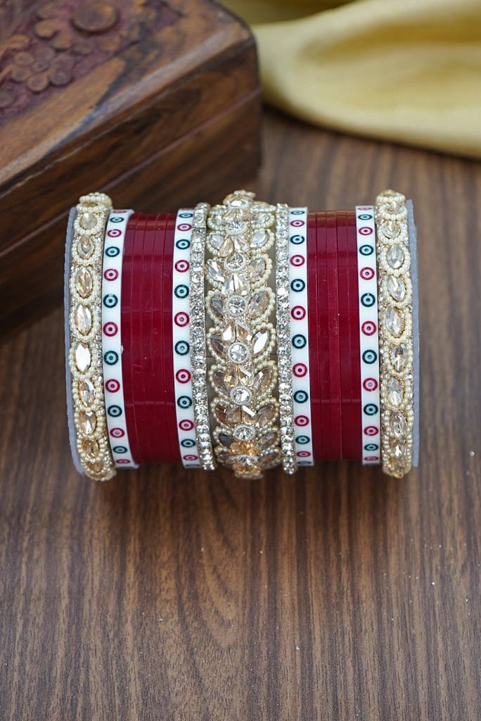 Red & White Dotted Punjabi Chuda Set : HJ-24