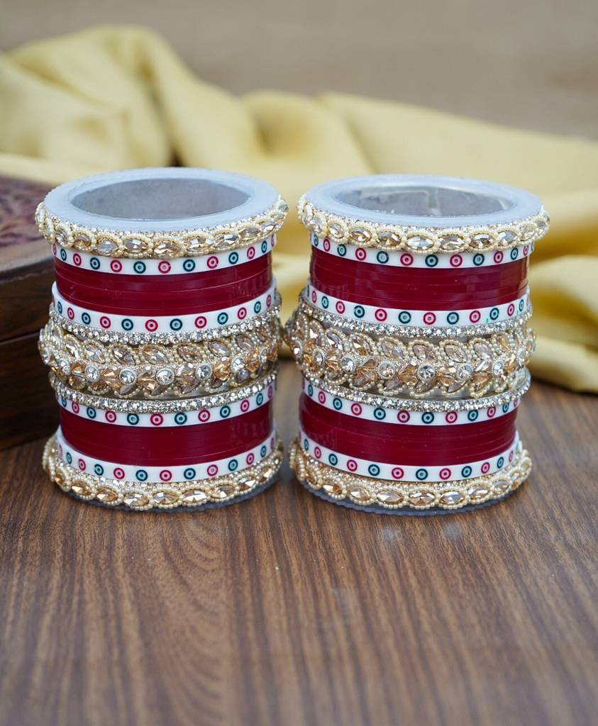 Red & White Dotted Punjabi Chuda Set : HJ-24
