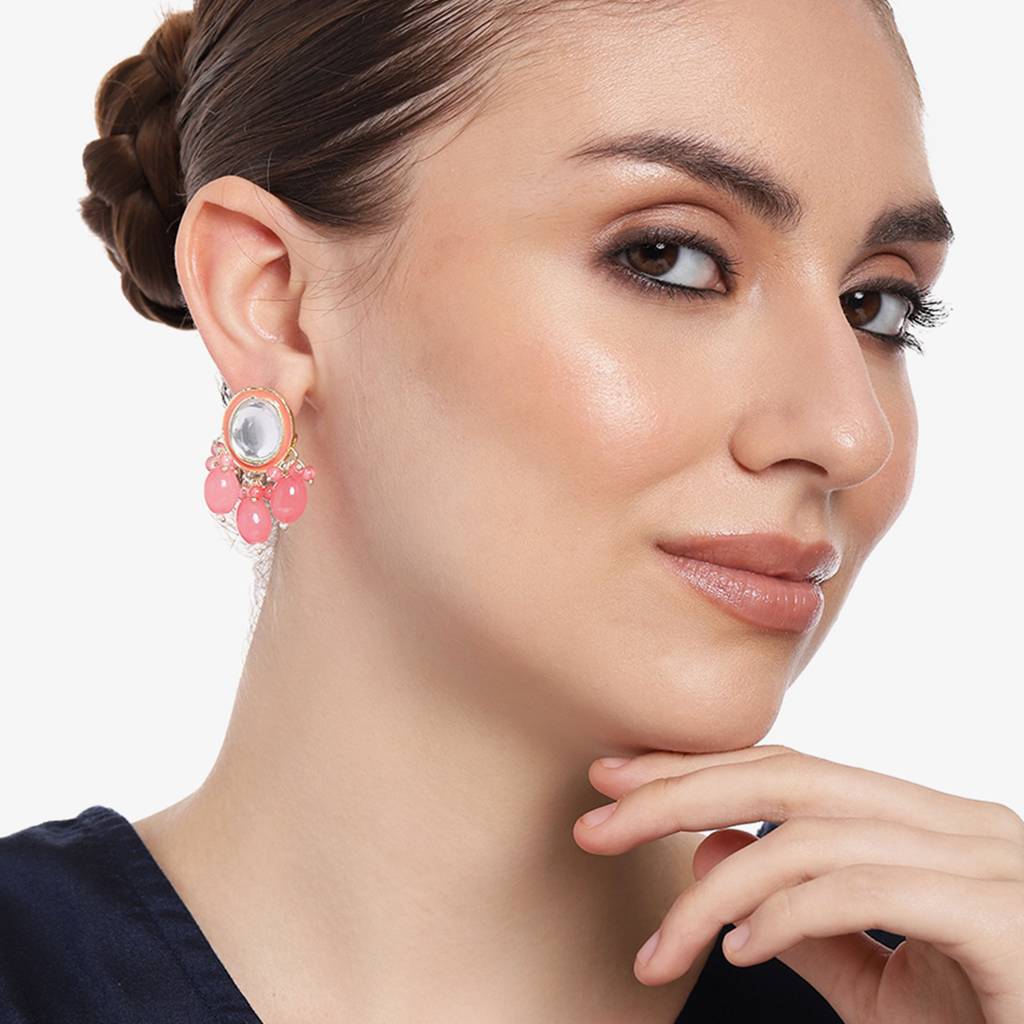 Estele Gold Plated Beautiful Kundan Gehena Drop Earrings With Mint Pink Beads For Women : PJ-001-IGMPER
