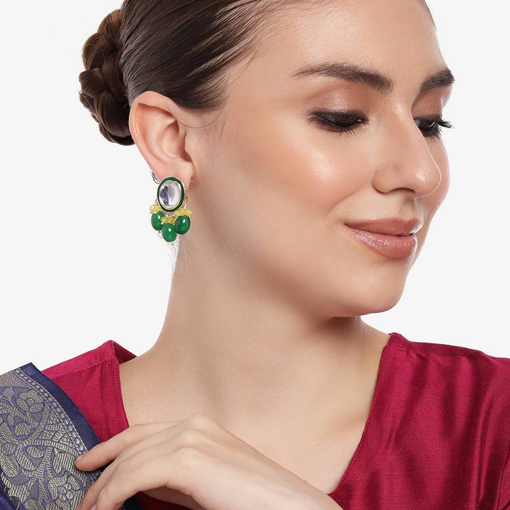 Estele Gold Plated Trendy Kundan Gehena Drop Earrings With Yellow & Green Beads For Women : PJ-001-IGYLGNER