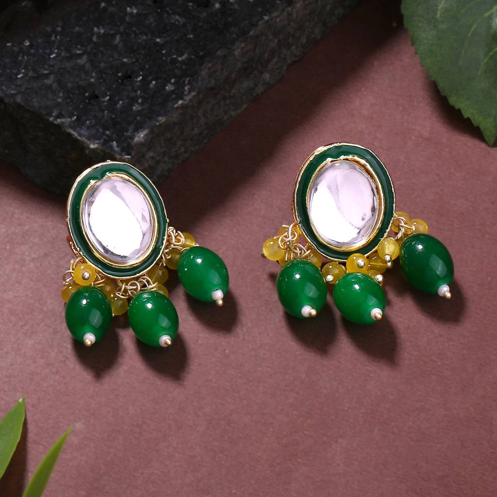 Estele Gold Plated Trendy Kundan Gehena Drop Earrings With Yellow Green  Beads For Women Alloy Green