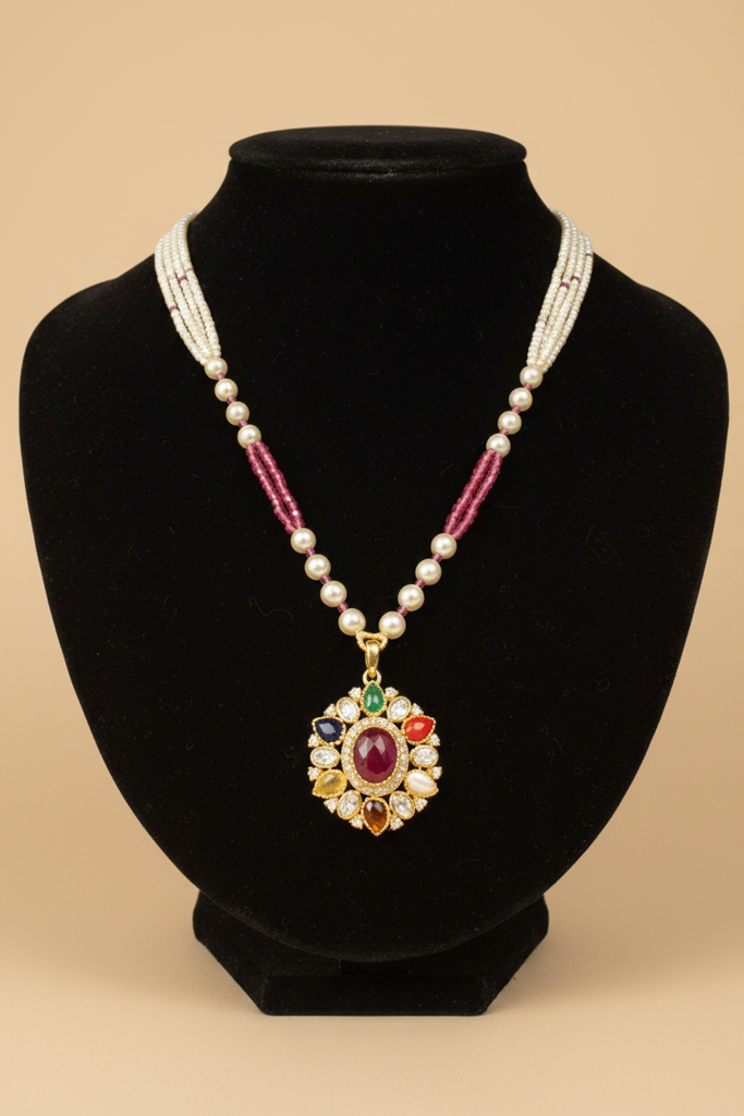 925 Silver Moissanite Polki Ratna Necklace : PJNE80