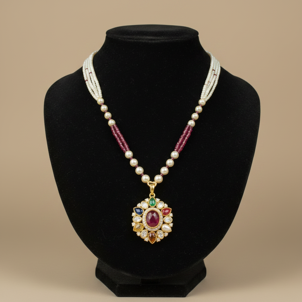925 Silver Moissanite Polki Ratna Necklace : PJNE80