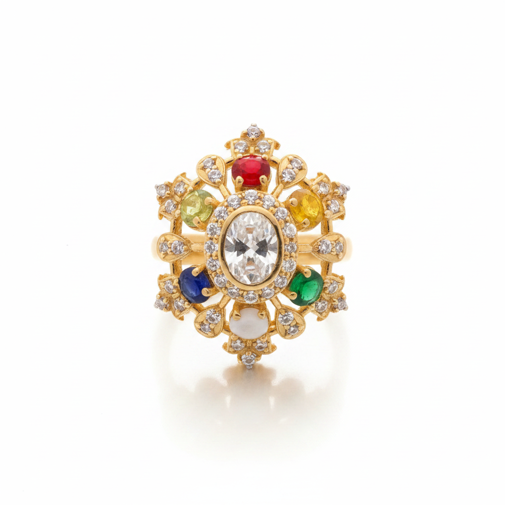 925 Silver Moissanite Polki Navratna Ring : PJR50