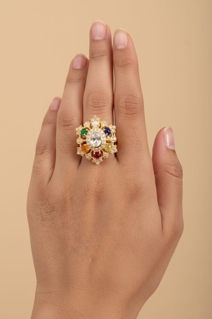 925 Silver Moissanite Polki Navratna Ring : PJR50