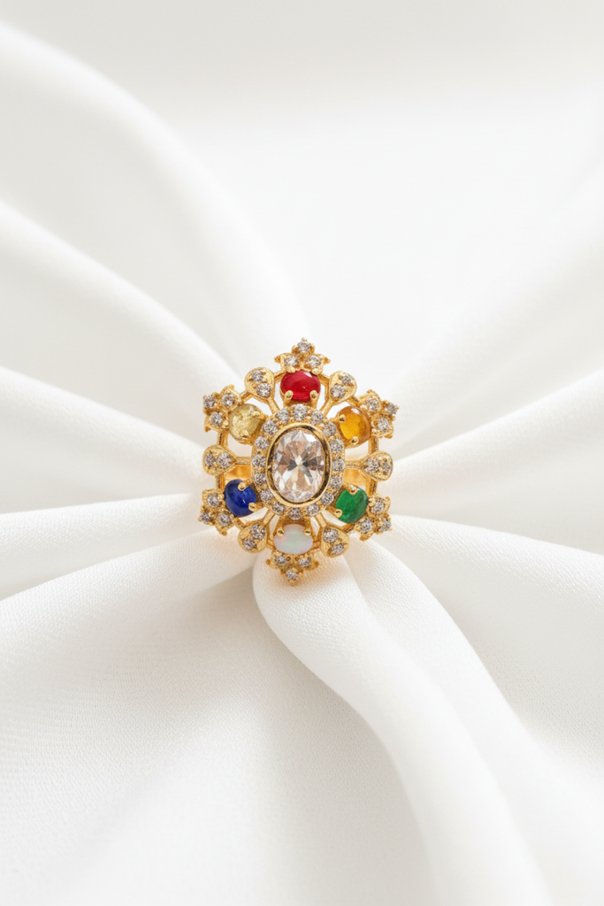 925 Silver Moissanite Polki Navratna Ring : PJR50