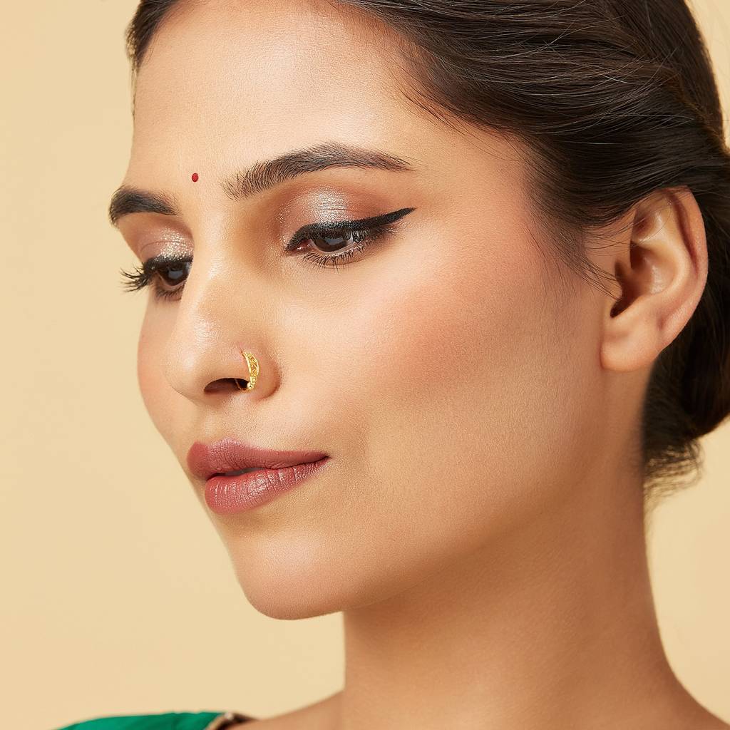 Yuvora 18K Yellow Gold Vine Loop Nose Pin For Women | Screw Back Closure | Bis Hallmarked | Pure Gold Nose S : PNR1007-DC-18YG