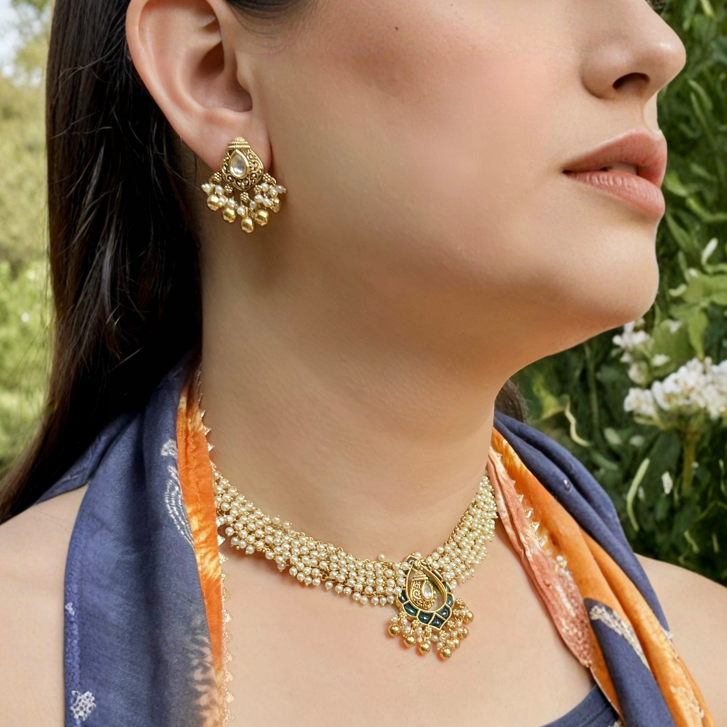 Antique Finish Pearl Guccha Necklace Set : PR-102N