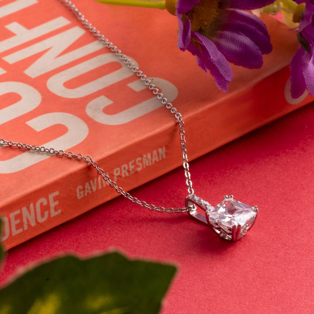 Brd Jewelry 925 Sterling Silver Princess Cut White Ad Pendant With Chain For Women & Girls : BRD293121