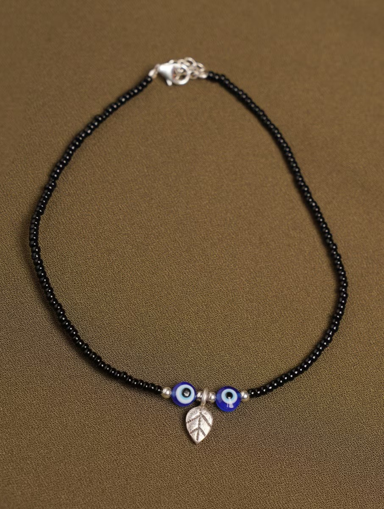 925 Sterling Silver Evil Eye Nazariya With Leaf Charm Anklet : ARSA75