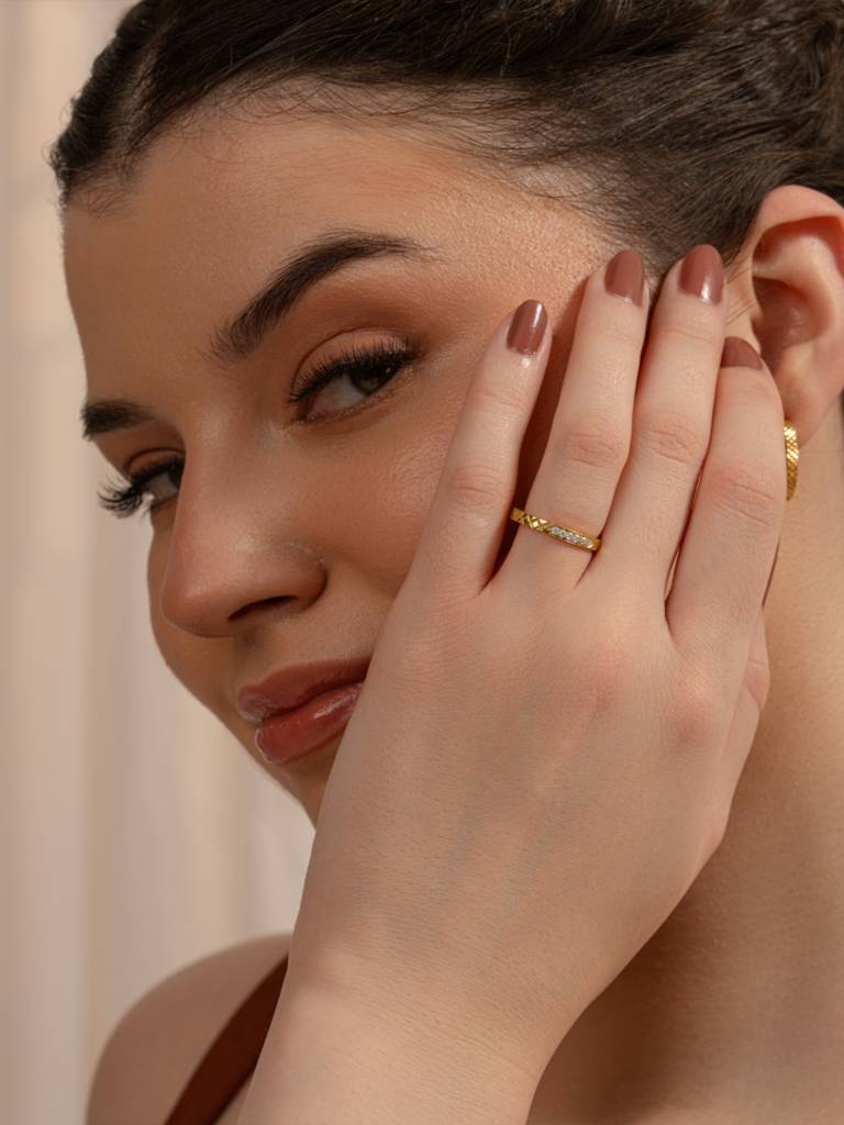 Textured Shine Band Ring 925 Sterling Silver 18Kt Gold Vermeil Jewellery For Women : QA109005Y13