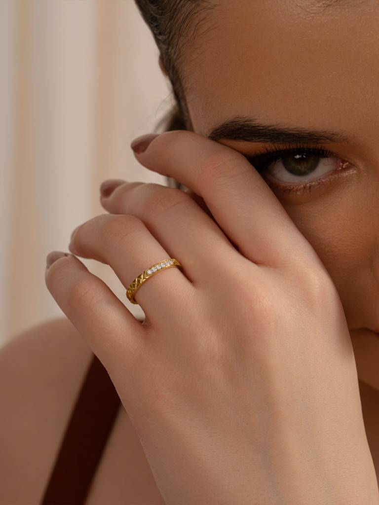 Textured Shine Band Ring 925 Sterling Silver 18Kt Gold Vermeil Jewellery For Women : QA109005Y15