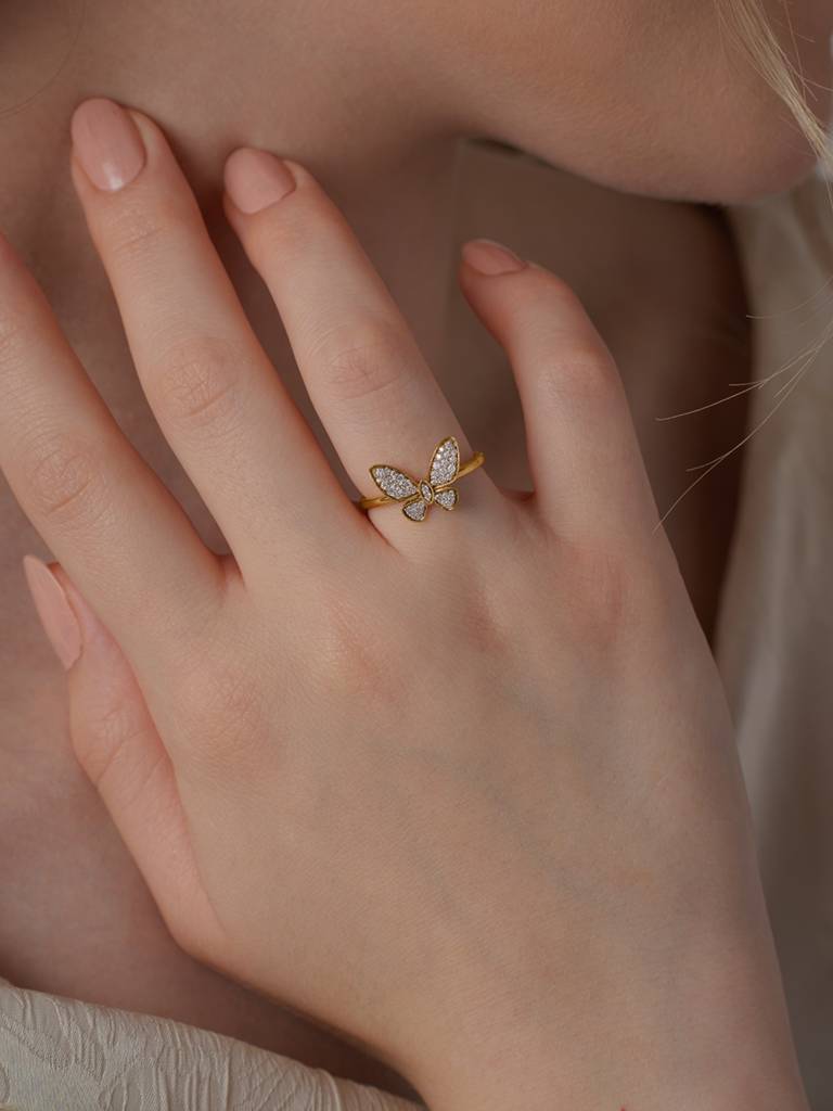 Classic Butterfly Band Ring 925 Sterling Silver 18Kt Gold Vermeil Jewellery For Women : QA115006Y13