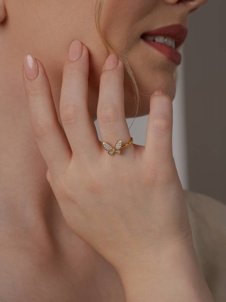 Classic Butterfly Band Ring 925 Sterling Silver 18Kt Gold Vermeil Jewellery For Women : QA115006Y15