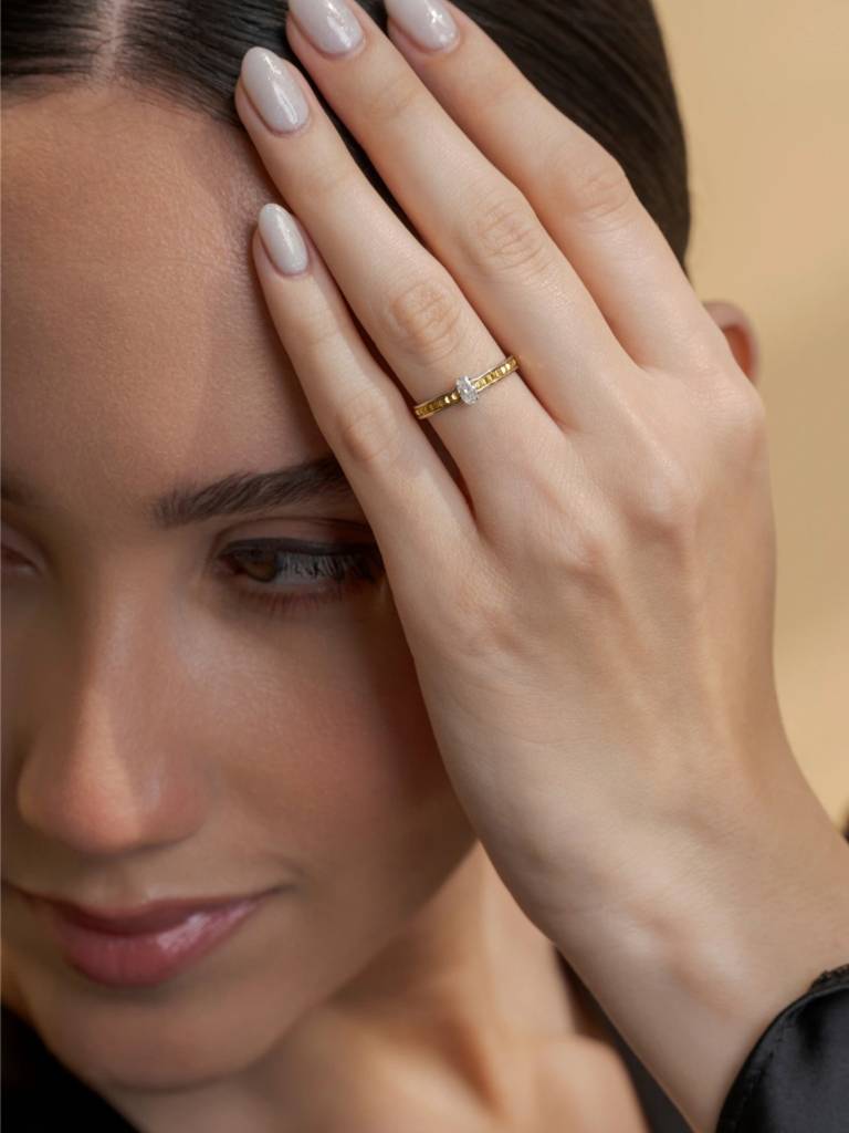 Boxy Center Oval Band Ring 925 Sterling Silver 18Kt Gold Vermeil Jewellery For Women : QA117004Y15