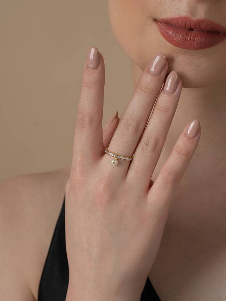 Diamond Pearl Band Ring 925 Sterling Silver 18Kt Gold Vermeil Jewellery For Women : QA118004Y13
