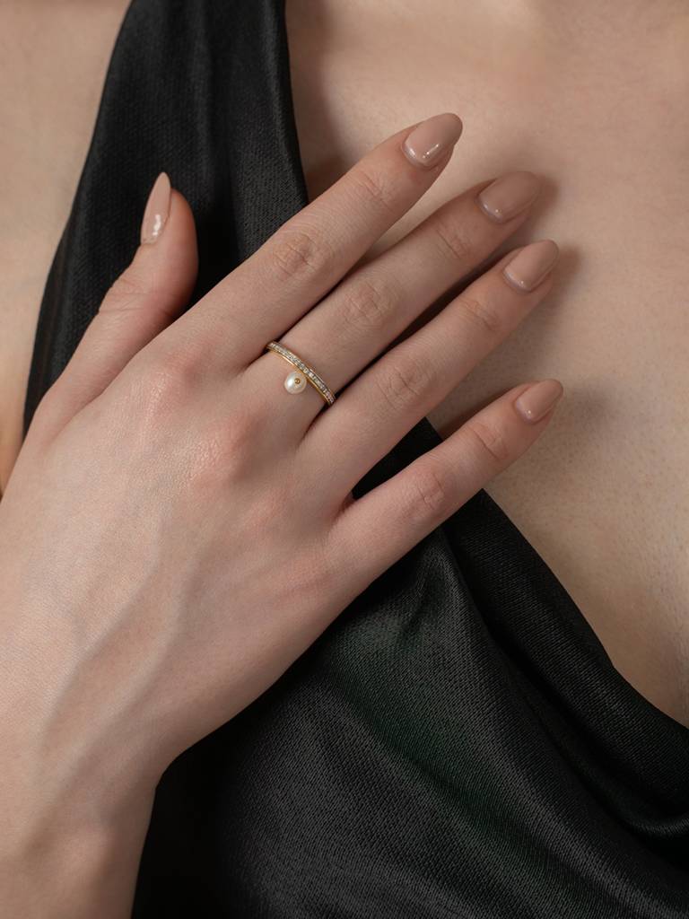 Diamond Pearl Band Ring 925 Sterling Silver 18Kt Gold Vermeil Jewellery For Women : QA118004Y15