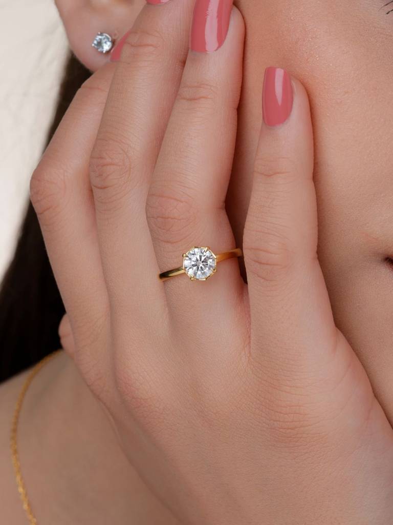 Round Modern Solitaire Band Ring 925 Sterling Silver 18Kt Gold Vermeil Jewellery For Women : QA137011W12
