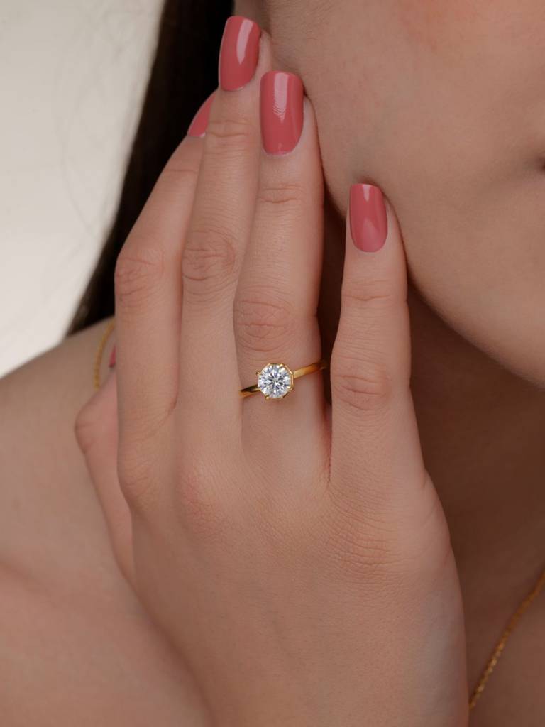 Round Modern Solitaire Band Ring 925 Sterling Silver 18Kt Gold Vermeil Jewellery For Women : QA137011W12