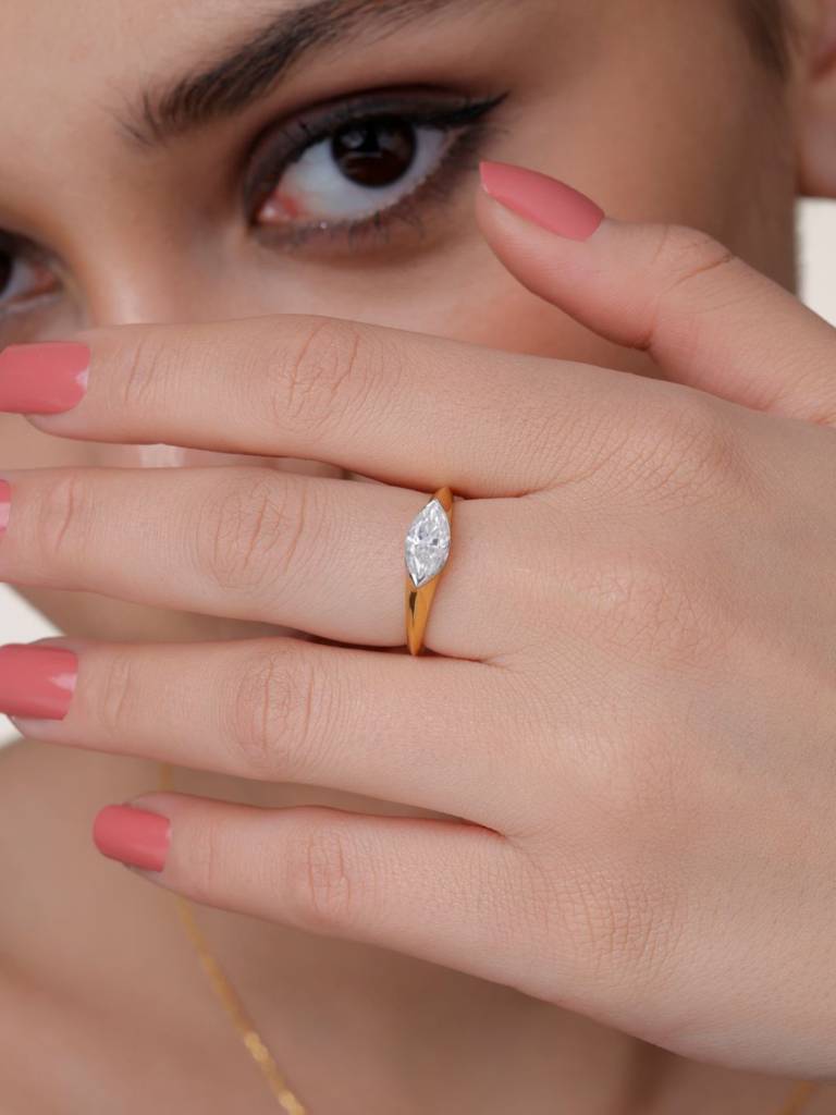Marquise Modern Solitaire Band Ring 925 Sterling Silver 18Kt Gold Vermeil Jewellery For Women : QA137015W12