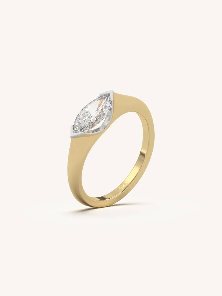 Marquise Modern Solitaire Band Ring 925 Sterling Silver 18Kt Gold Vermeil Jewellery For Women : QA137015W12