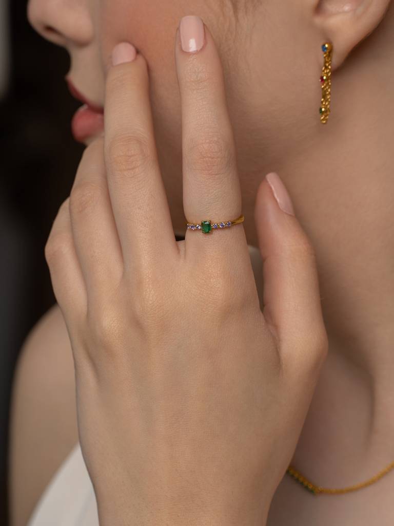 Emerald Cut Gem Band Ring 925 Sterling Silver 18Kt Gold Vermeil Jewellery For Women : QA139005Y13