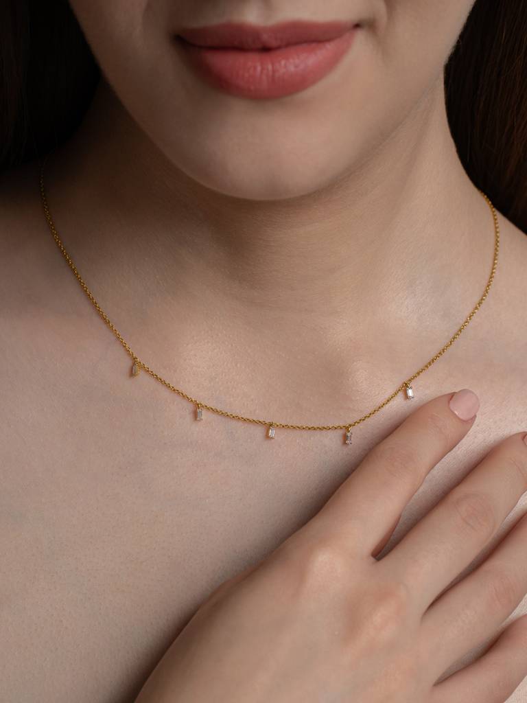 Dangling Baguette Necklace 925 Sterling Silver 18Kt Gold Vermeil Jewellery For Women : QG116002_Y