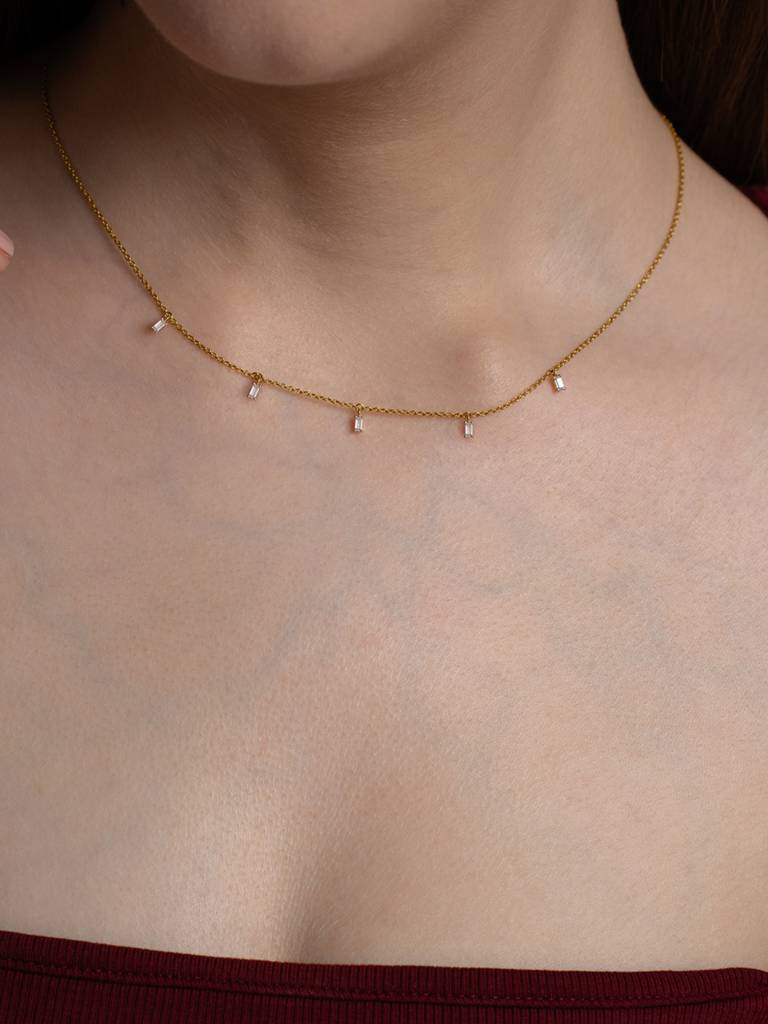 Dangling Baguette Necklace 925 Sterling Silver 18Kt Gold Vermeil Jewellery For Women : QG116002_Y