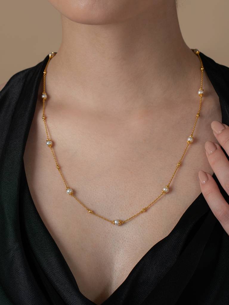 Pearl Bead Necklace 925 Sterling Silver 18Kt Gold Vermeil Jewellery For Women : QG118005_Y