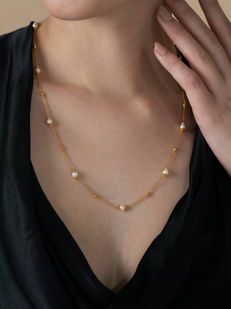 Pearl Bead Necklace 925 Sterling Silver 18Kt Gold Vermeil Jewellery For Women : QG118005_Y