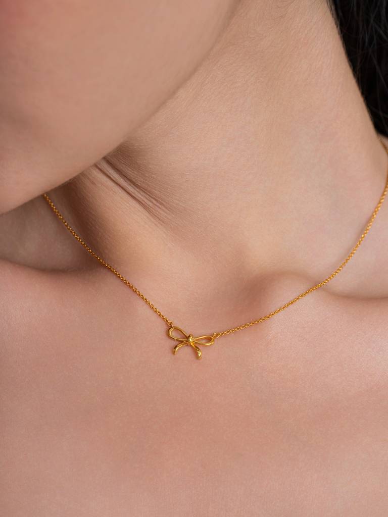 Mini Gold Bow Necklace 925 Sterling Silver 18Kt Gold Vermeil Jewellery For Women : QG125004_Y