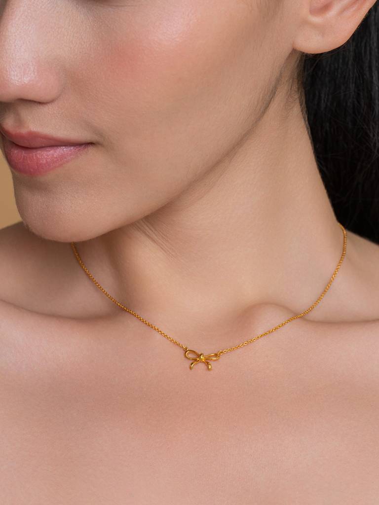 Mini Gold Bow Necklace 925 Sterling Silver 18Kt Gold Vermeil Jewellery For Women : QG125004_Y