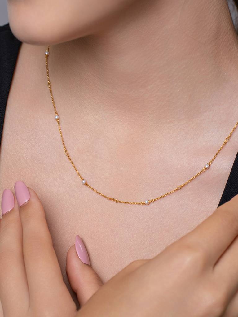 Pearl Accent Chain Necklace 925 Sterling Silver 18Kt Gold Vermeil Jewellery For Women : QG135009_Y