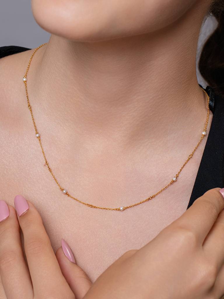 Pearl Accent Chain Necklace 925 Sterling Silver 18Kt Gold Vermeil Jewellery For Women : QG135009_Y