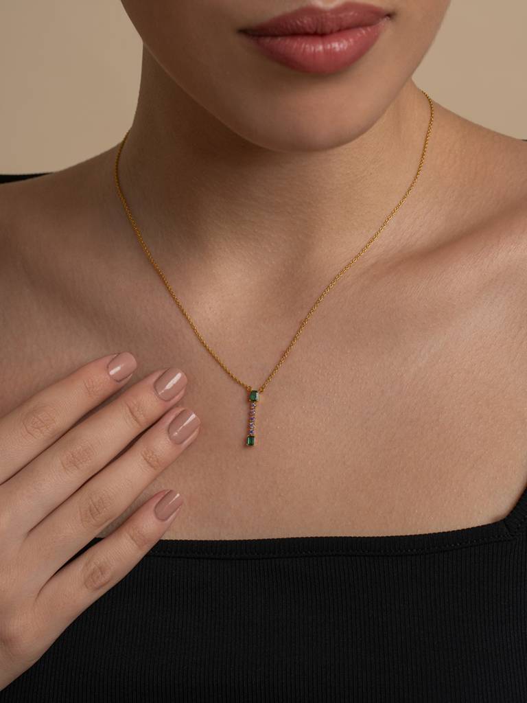 Vertical Gem Drop Necklace 925 Sterling Silver 18Kt Gold Vermeil Jewellery For Women : QG139005_Y