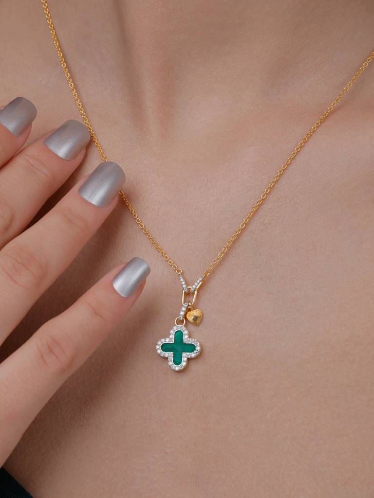 Malachite Clover Necklace 925 Sterling Silver 18Kt Gold Vermeil Jewellery For Women : QG156011_Y